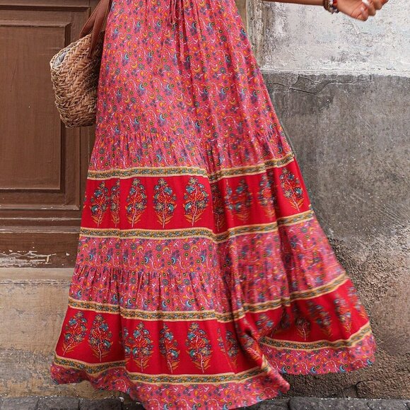 Pink Boho Women's Color Block Butterfly Printed Maxi A-Line Skirt For Vacation - Picture 5 of 6